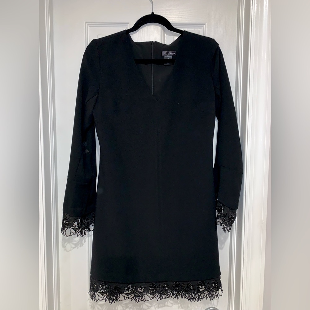 Black Lace Trim Long Sleeve Mini Dress